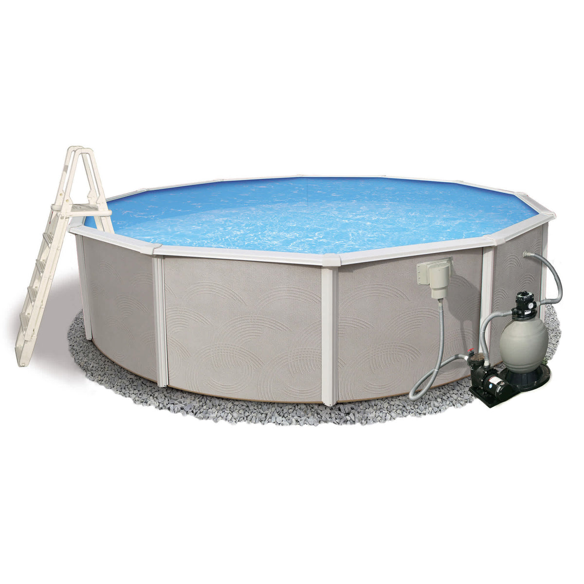 Blue Wave Belize Round Above Ground Pool - full pool with sand filter, pump and A-frame ladder fitted
