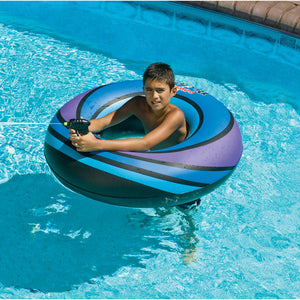 Swimline Powerblaster Squirter - child seated in the inflatable ring aiming the mounted water gun