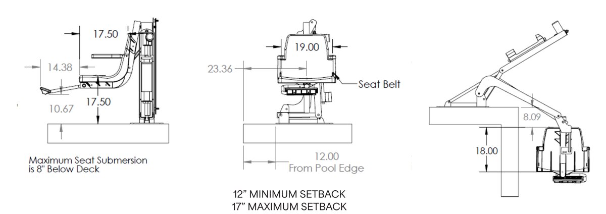 Global Pool Products Proformance P-375 pool lift dimension drawing