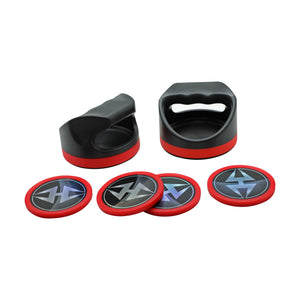 Hathaway Air Hockey Set, Black and Red - two grip-style strikers beside four red pucks