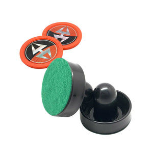 Hathaway Air Hockey Set, Black and Orange - strikers upright and on edge beside two orange pucks