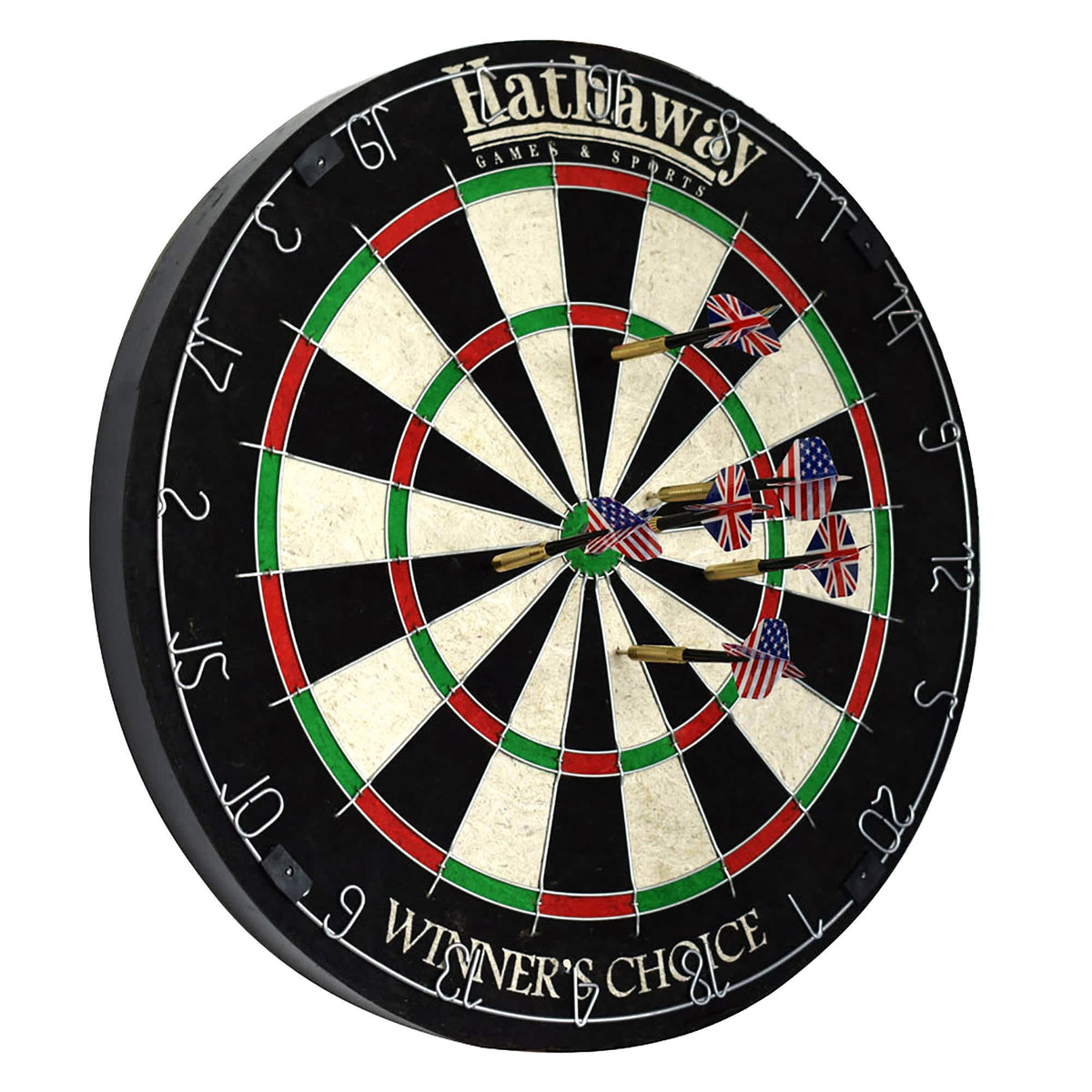 Hathaway Winners Choice Bristle Dartboard - board at an angle with six darts grouped in the centre