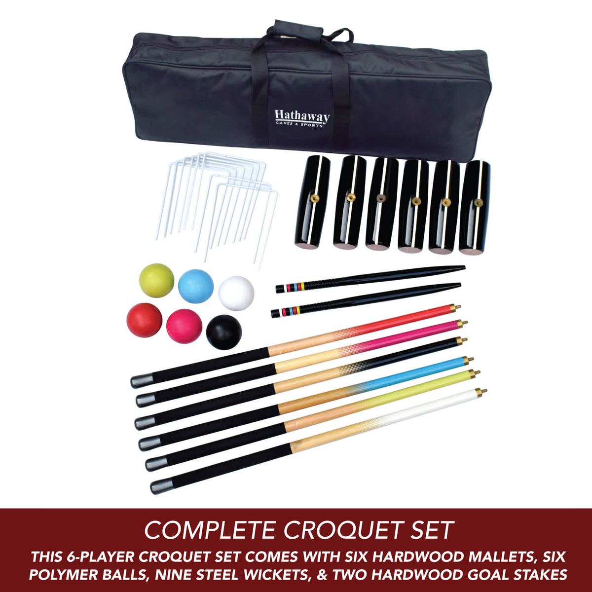 Hathaway Deluxe Croquet Set - contents: six mallets, six balls, nine wickets and two goal stakes