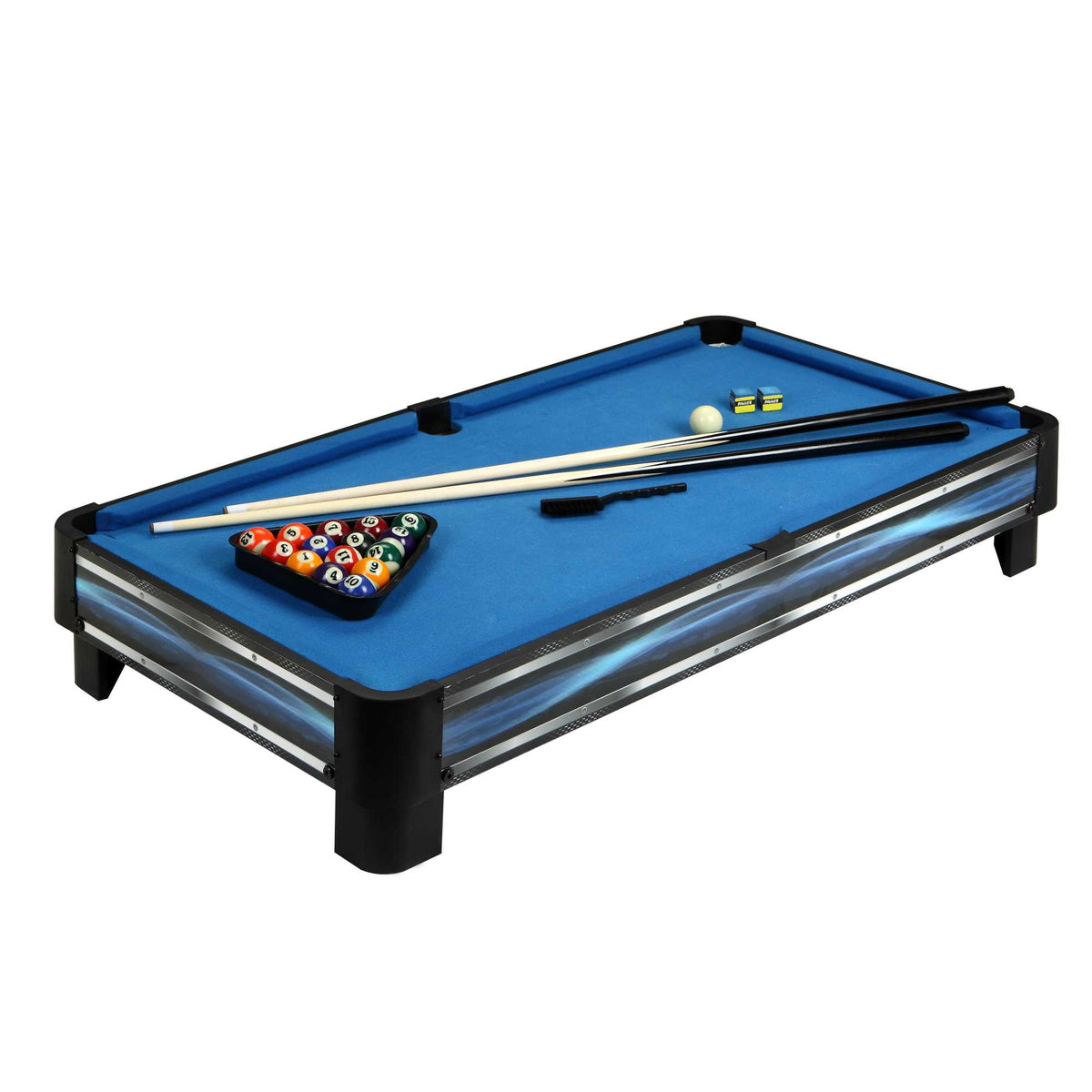 Hathaway Breakout Table Top Pool Table - full table on white with balls racked and cues laid across