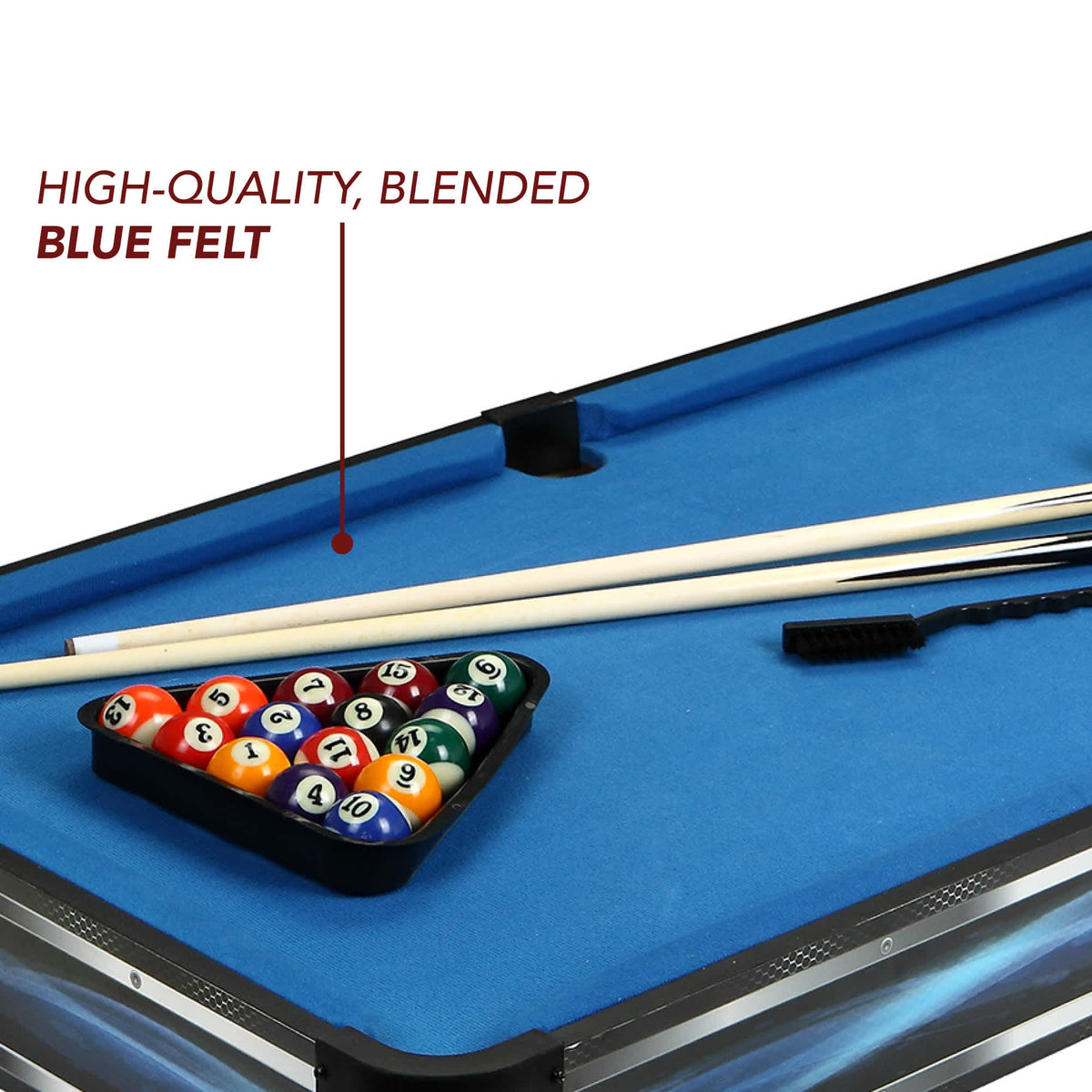 Hathaway Breakout Table Top Pool Table - blended blue felt playfield with cues, rack and brush