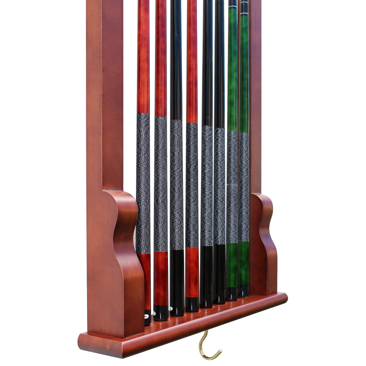 Hathaway Vintage Wall Cue Rack - cue butts seated in the lower heel tray with the brass hook