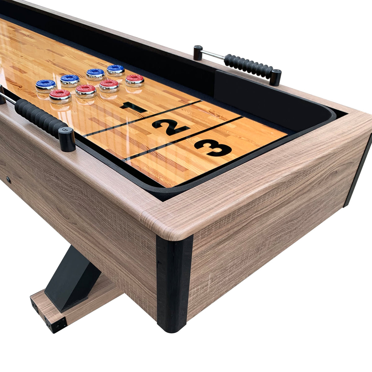 Hathaway Excalibur 9-ft Shuffleboard Table - Driftwood Finish Game Room Table — shown from the opposite side
