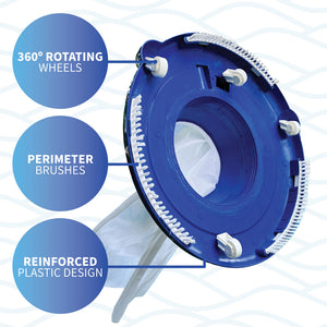 Blue Wave Ultimate Leaf Bagger - underside callouts: 360-degree rotating wheels and perimeter brushes