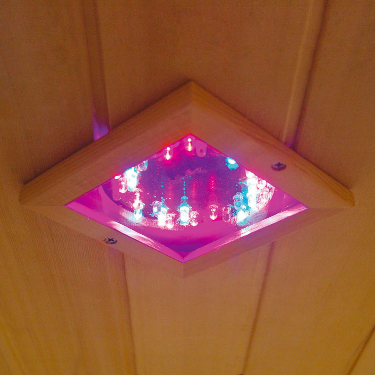 HeatWave Coronado Sauna - corner-mounted colour therapy LED light lit in the cabin ceiling