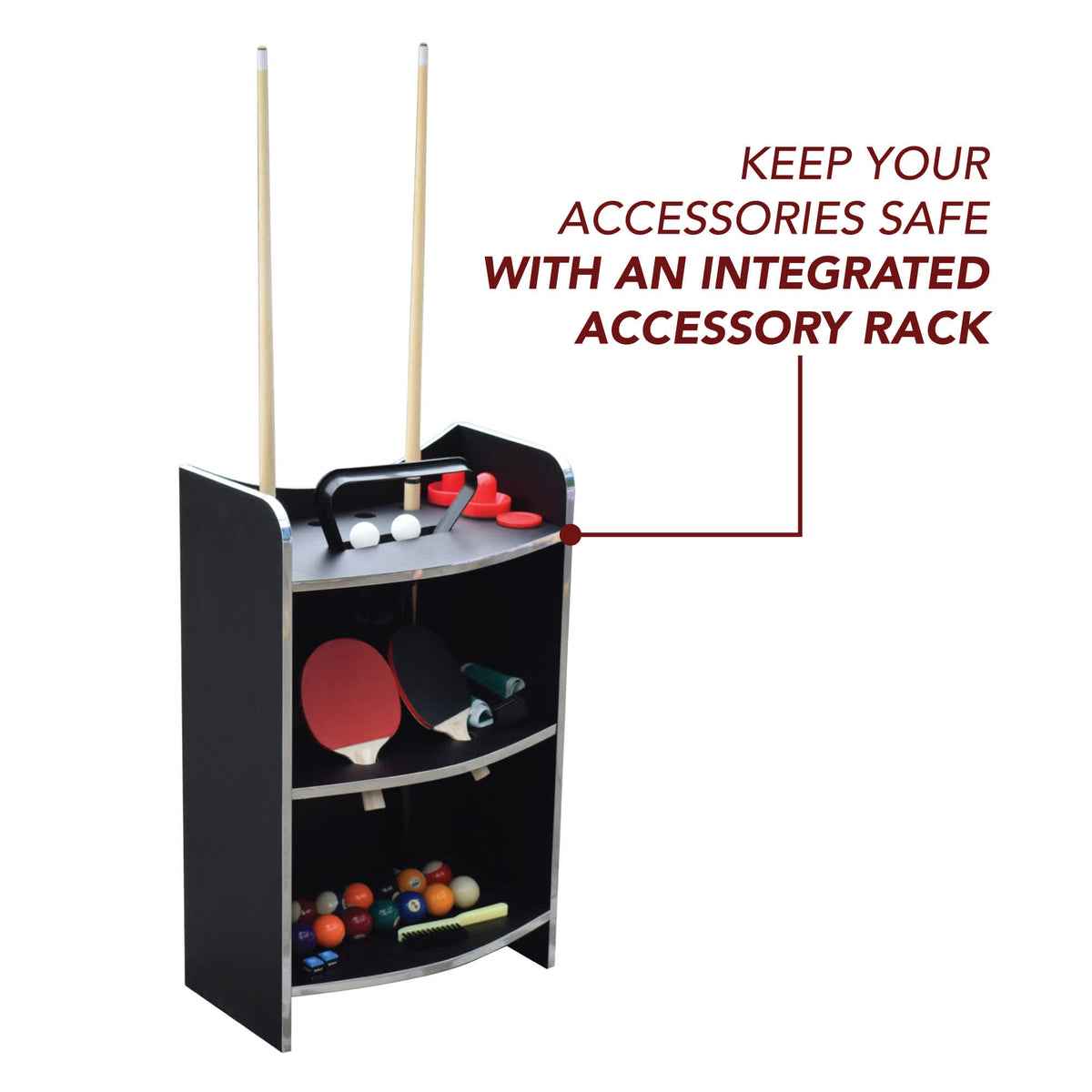 Hathaway Triple Threat Multi-Game Table - integrated end rack holding cues, bats, balls and rack