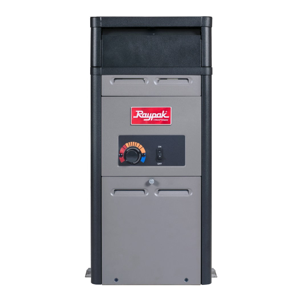 Raypak 106A above ground gas pool and spa heater, front view with analog control