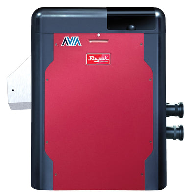 Raypak AVIA Wi-Fi gas pool and spa heater, front view with 2 in unions