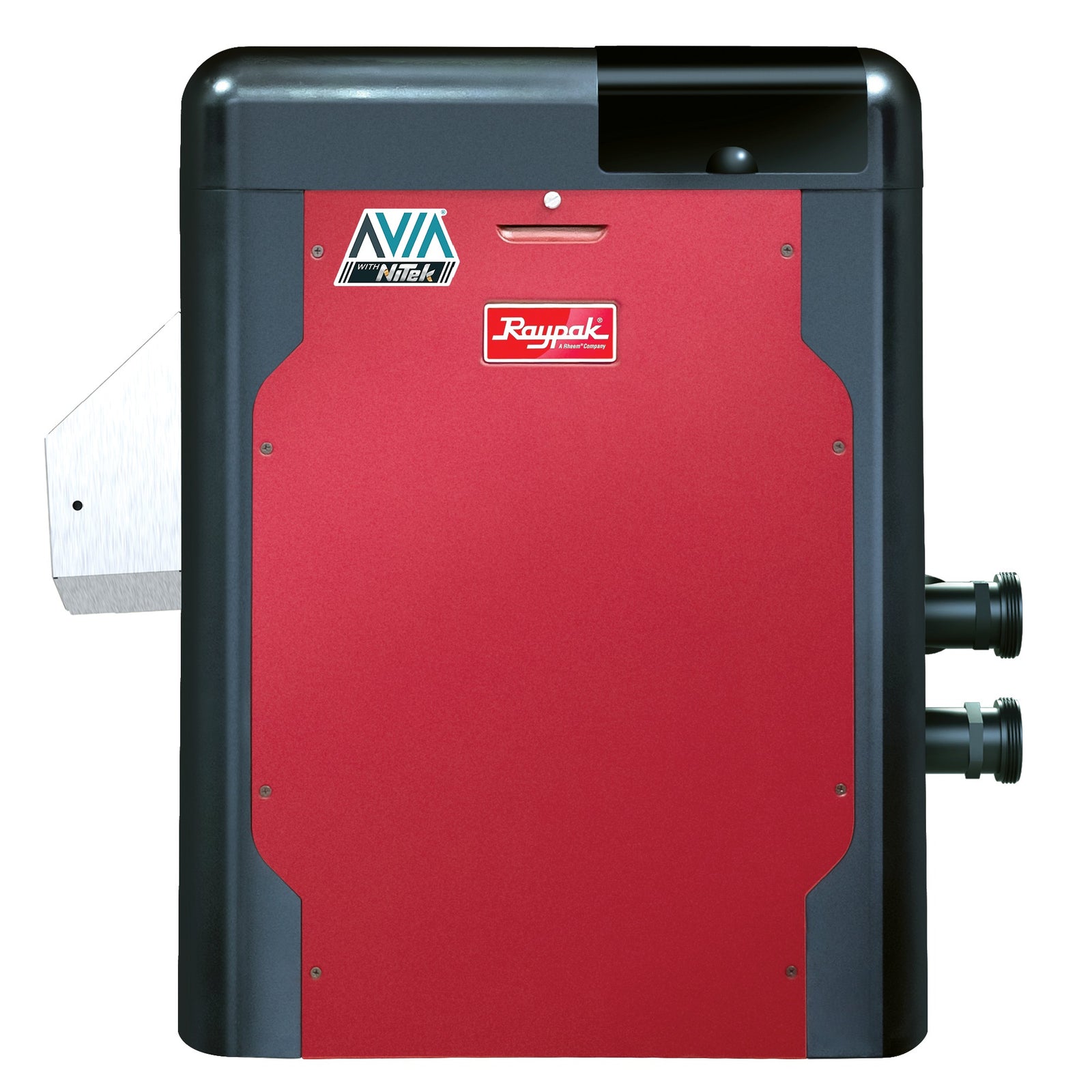 Raypak AVIA HD NiTek gas pool and spa heater, front view with 2 in unions