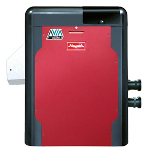 Raypak AVIA HD NiTek gas pool and spa heater, front view with 2 in unions