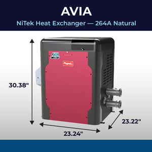 Raypak AVIA HD 264A dimensions, 30.38 in high, 23.24 x 23.22 in base