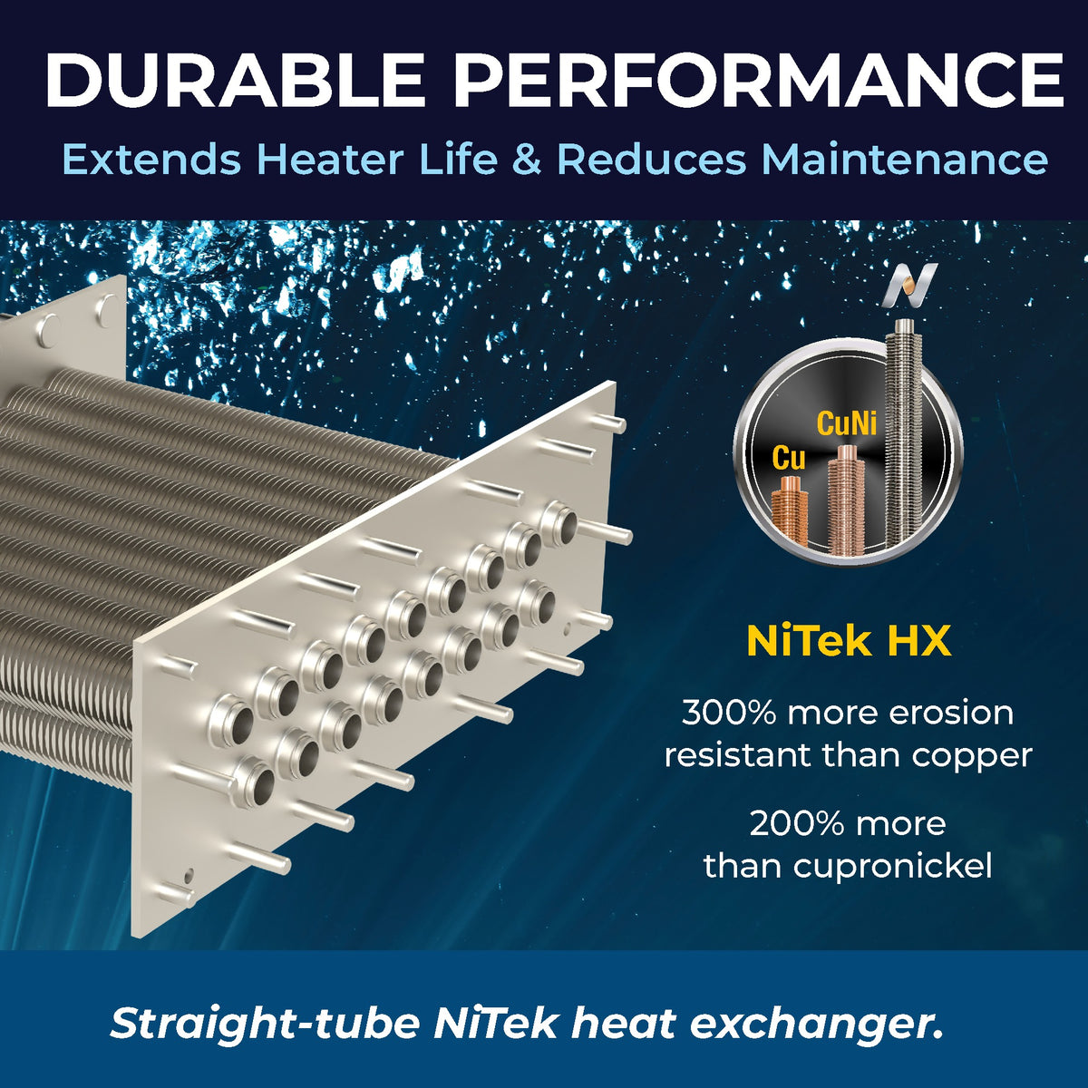 Raypak NiTek straight-tube heat exchanger used in AVIA HD