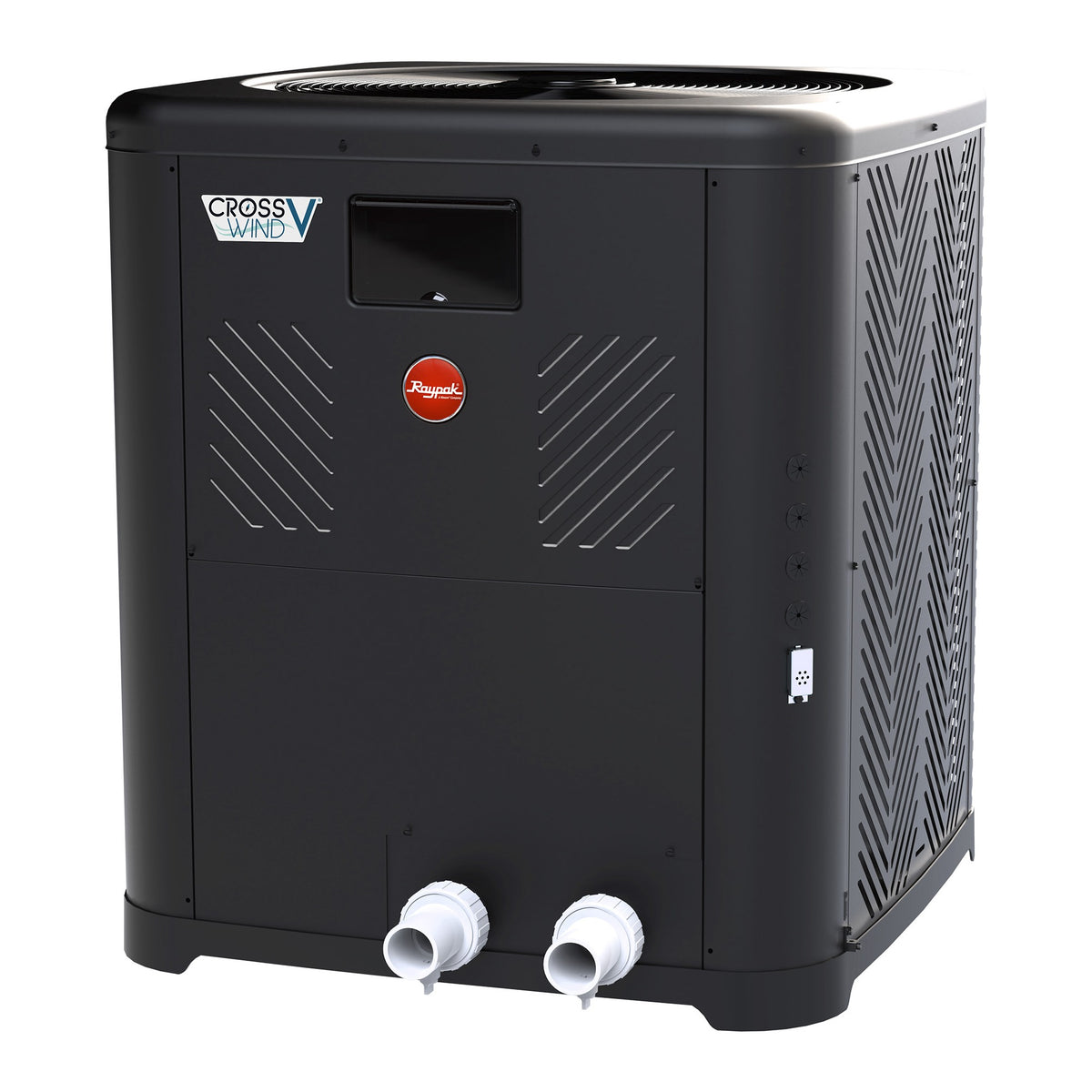 Raypak Crosswind V pool heat pump, front three-quarter view with 2 in PVC unions
