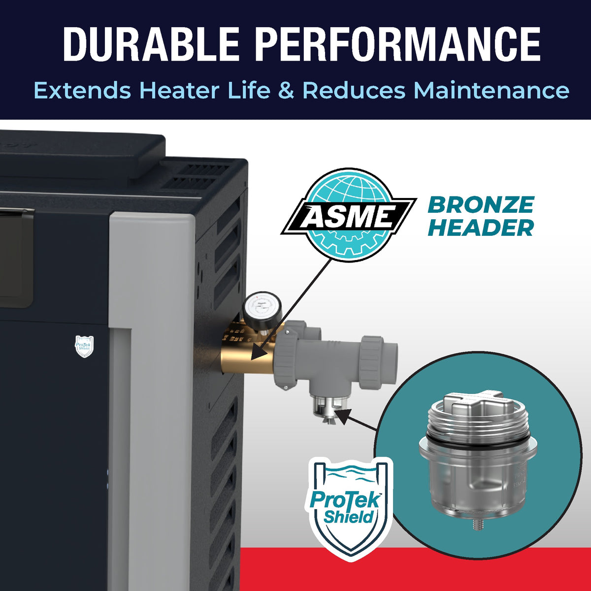 Raypak Digital ASME pool heater bronze header with ProTek Shield inlet adapter
