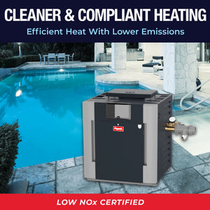Raypak Digital Low NOx ASME gas pool heater installed beside a pool