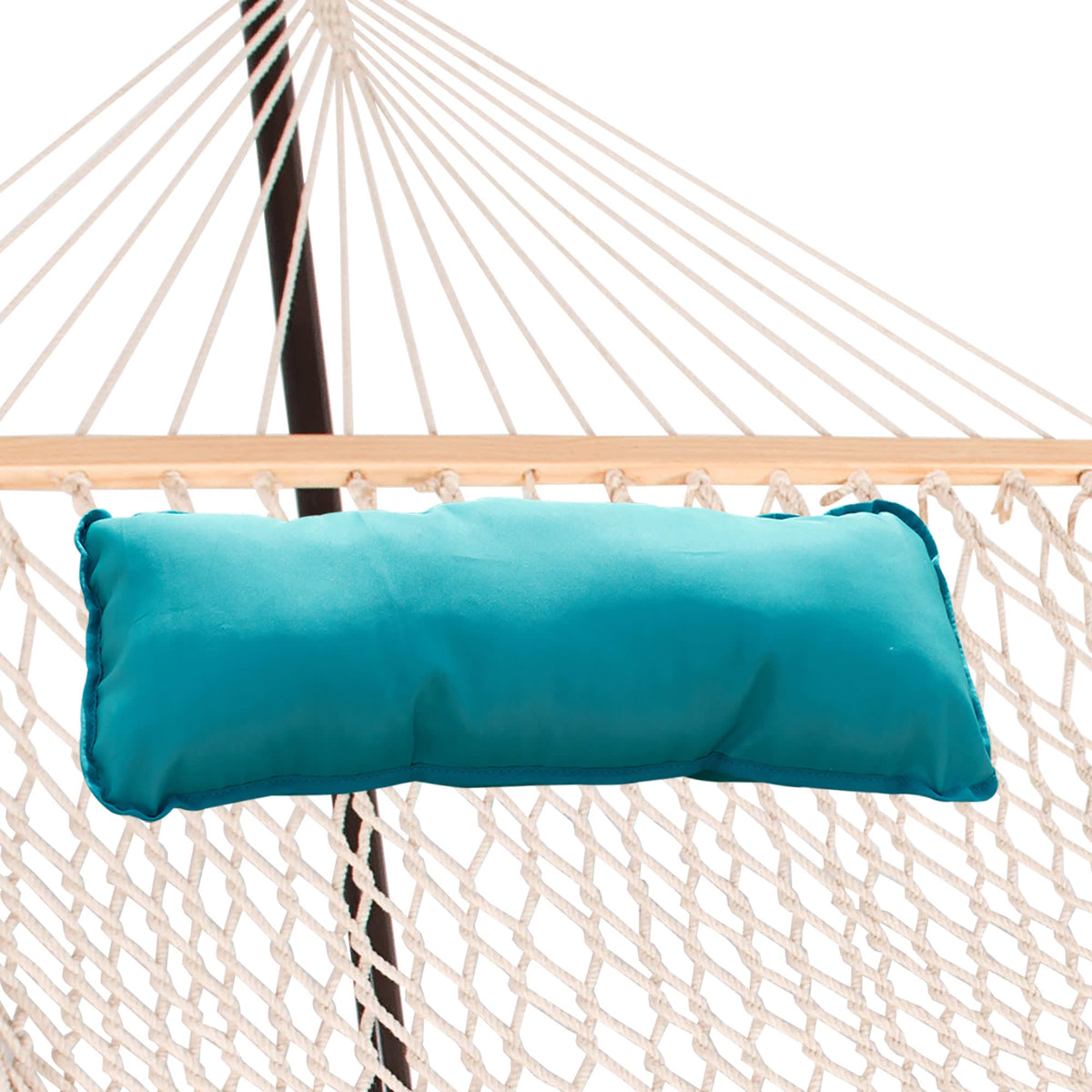 Island Retreat Hammock Pillow - bolster tied across the spreader bar of a rope hammock