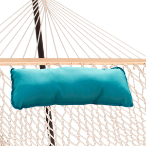 Island Retreat Hammock Pillow - bolster tied across the spreader bar of a rope hammock