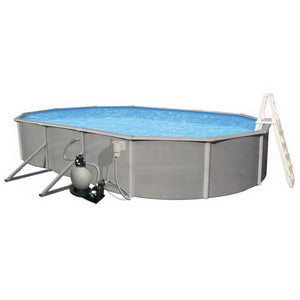 Blue Wave Belize Oval Above Ground Pool - full pool with sand filter, pump and A-frame ladder fitted