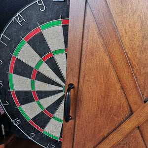 Hathaway Farmington Dartboard Cabinet - open door edge against the bristle board and wire spider