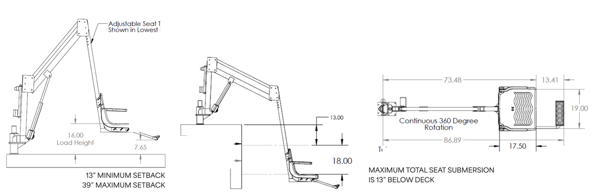 Global Pool Products R-375 rotational pool lift dimension drawing