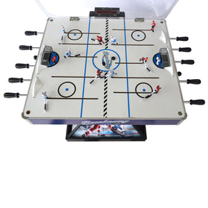 Hathaway Breakaway Dome Hockey Table - playfield from above with both teams, goals and LED scorer