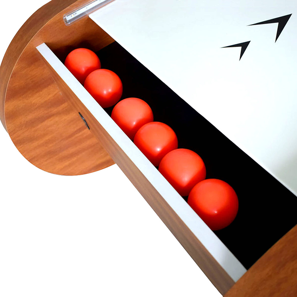 Hathaway Boardwalk Roll Hop and Score Table - ball return channel loaded with the red play balls