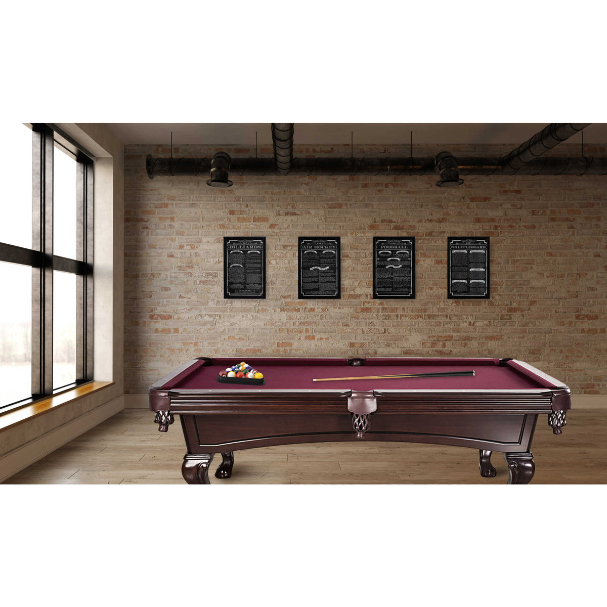 Hathaway Game Rules Wall Art - framed prints on a brick wall above a slate pool table