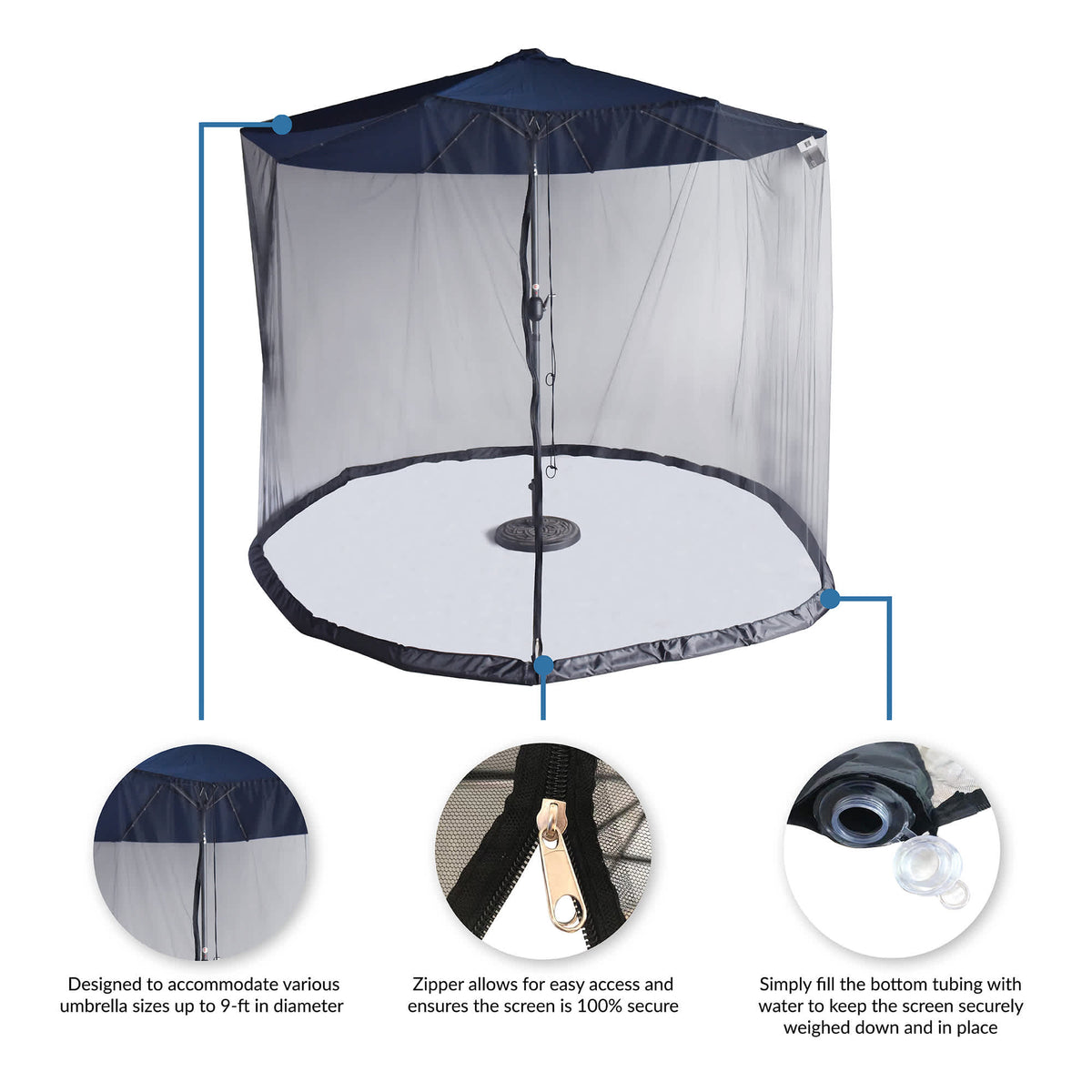 Island Umbrella Bug Screen - fits umbrellas to 9 ft, full-length zip, water-fillable bottom tube