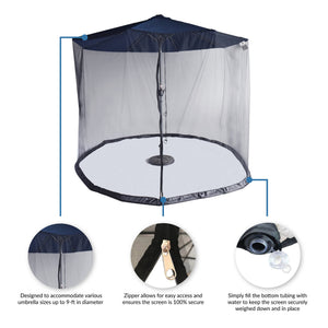 Island Umbrella Bug Screen - fits umbrellas to 9 ft, full-length zip, water-fillable bottom tube