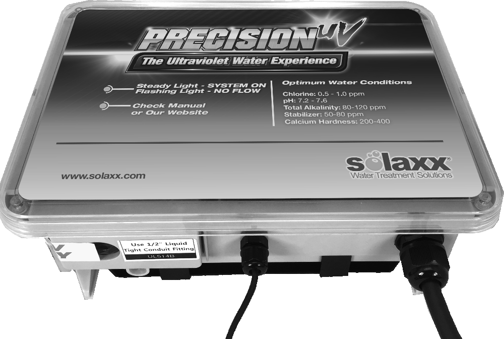 Solaxx Precision UV UV6000A control box front panel with the status lights and water chemistry label