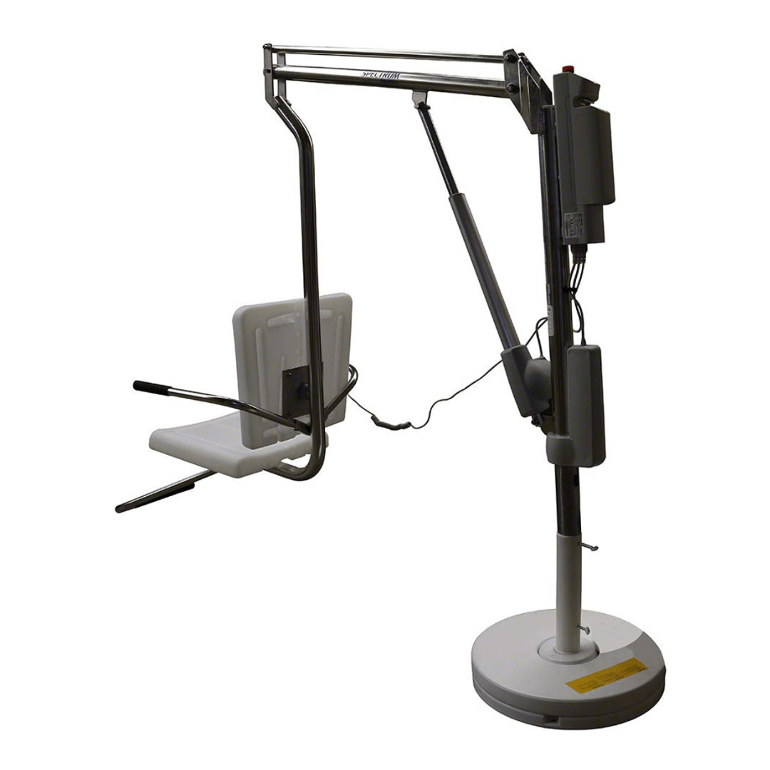 Spectrum Aquatics Motion Trek BP350 ADA pool lift — rear view with mast and anchor base