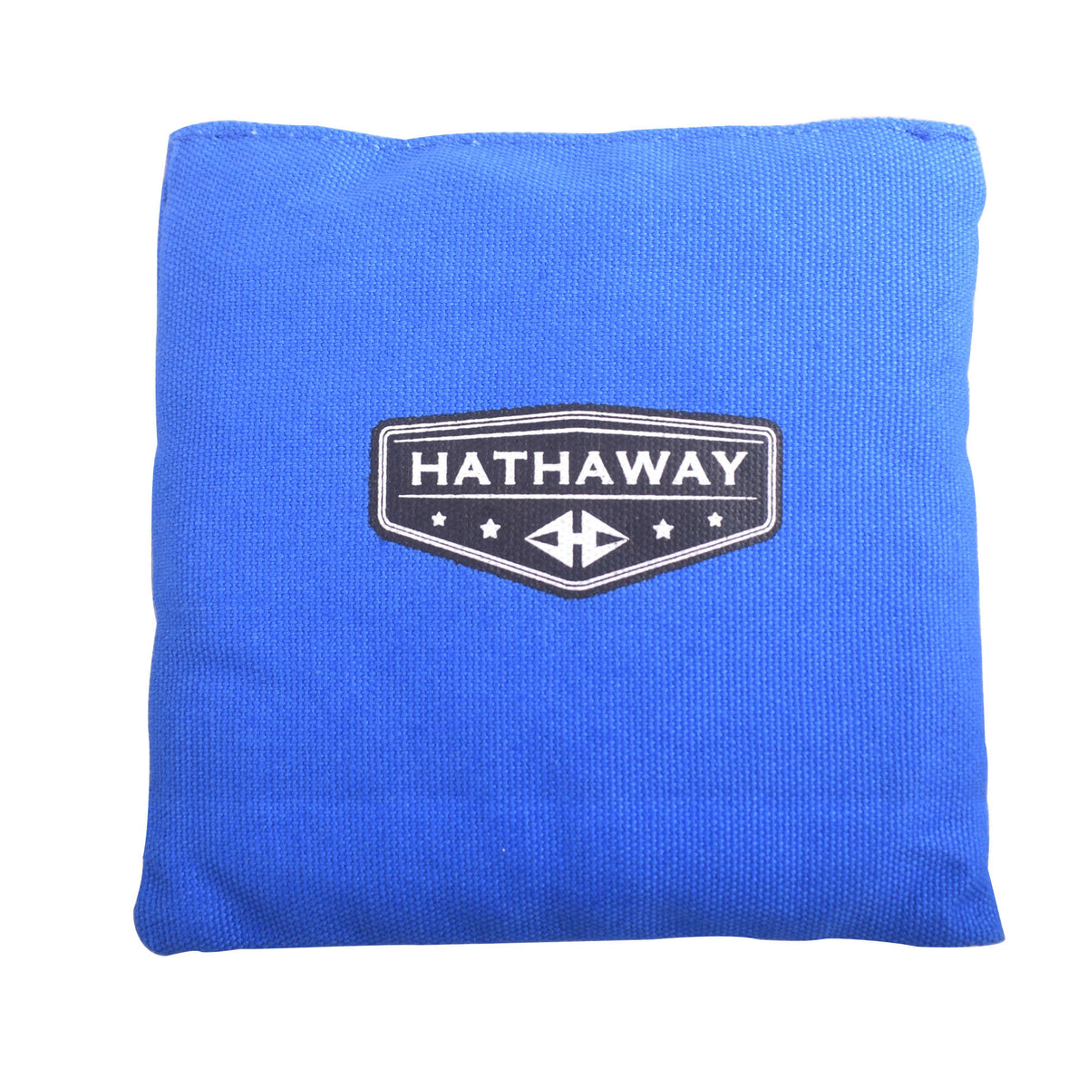 Hathaway Regulation Cornhole Bag Set - single blue bag showing the woven face and badge