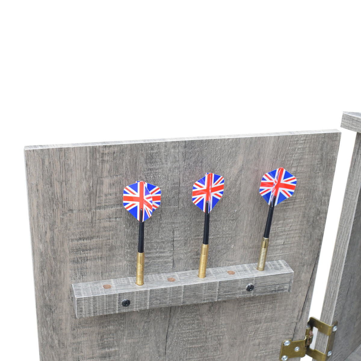 Hathaway Westwood Dartboard Cabinet - three Union Jack darts in the door-mounted holder