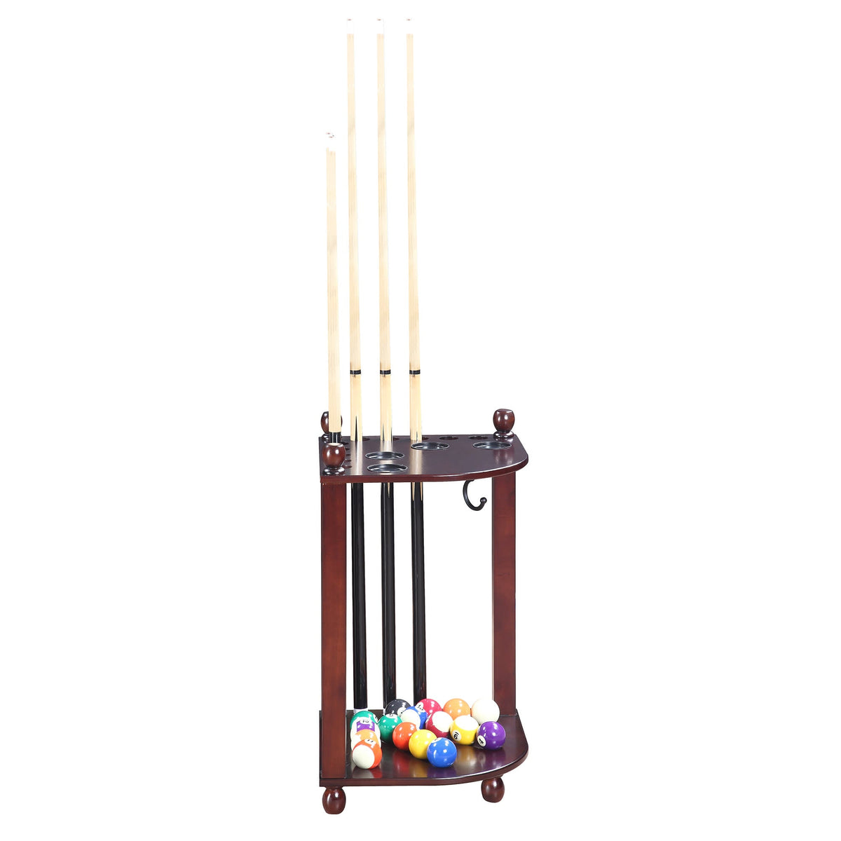 Hathaway Regent Corner Cue Rack - side view with four cues standing and balls on the shelf