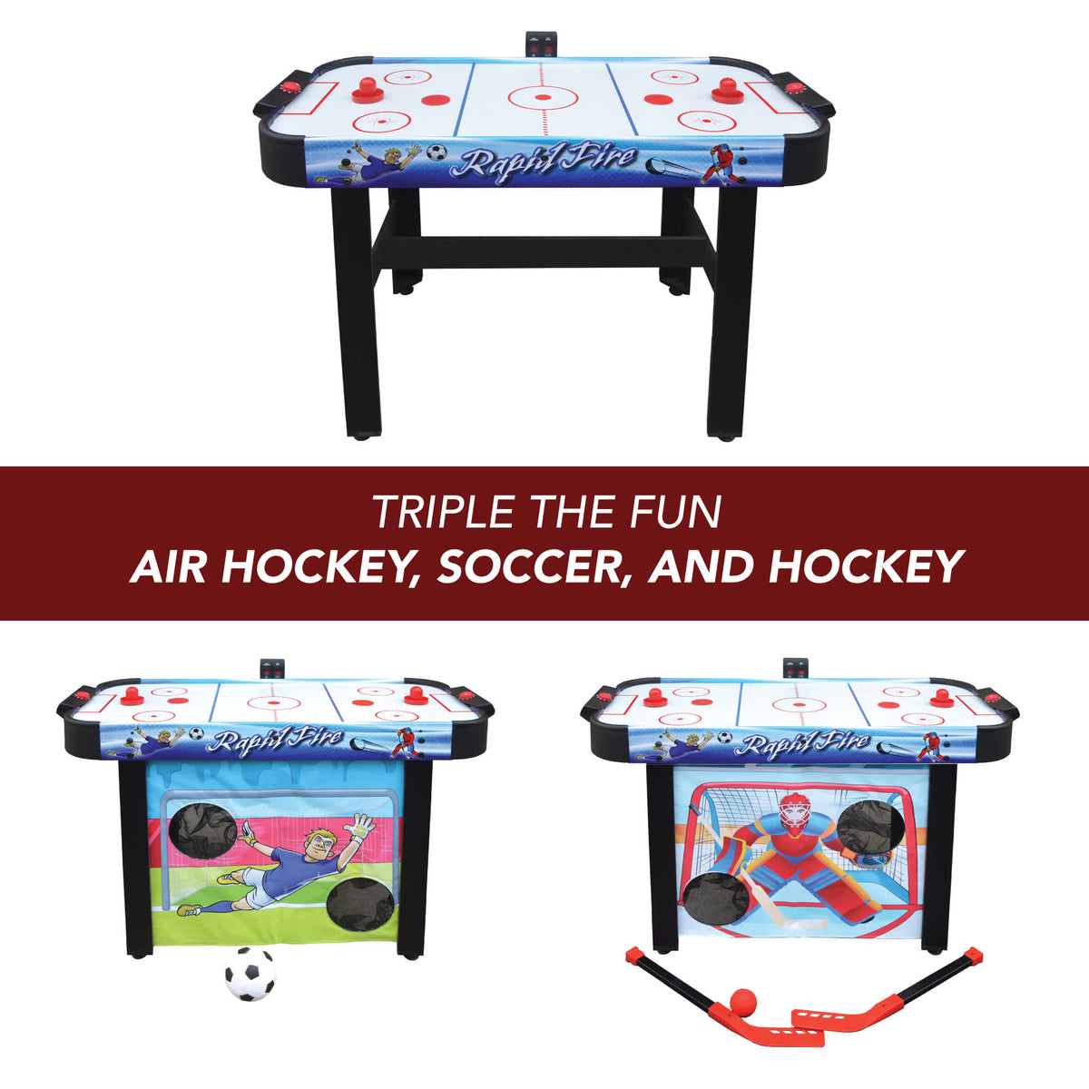 Hathaway Rapid Fire Multi-Game Table - the three modes: air hockey, soccer target and hockey target