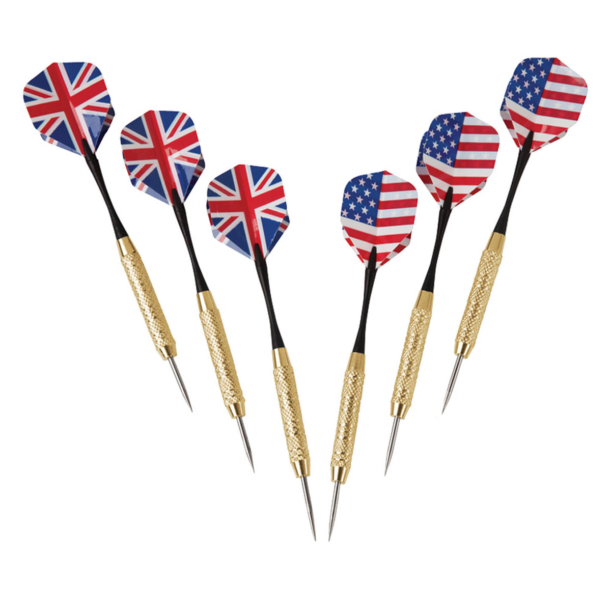Hathaway Centerpoint Dartboard Cabinet - six brass darts with Union Jack and Stars and Stripes flights