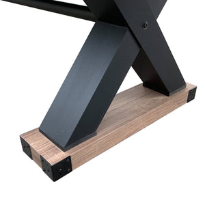 Hathaway Excalibur Shuffleboard - X-frame leg on its driftwood plinth with metal corner straps