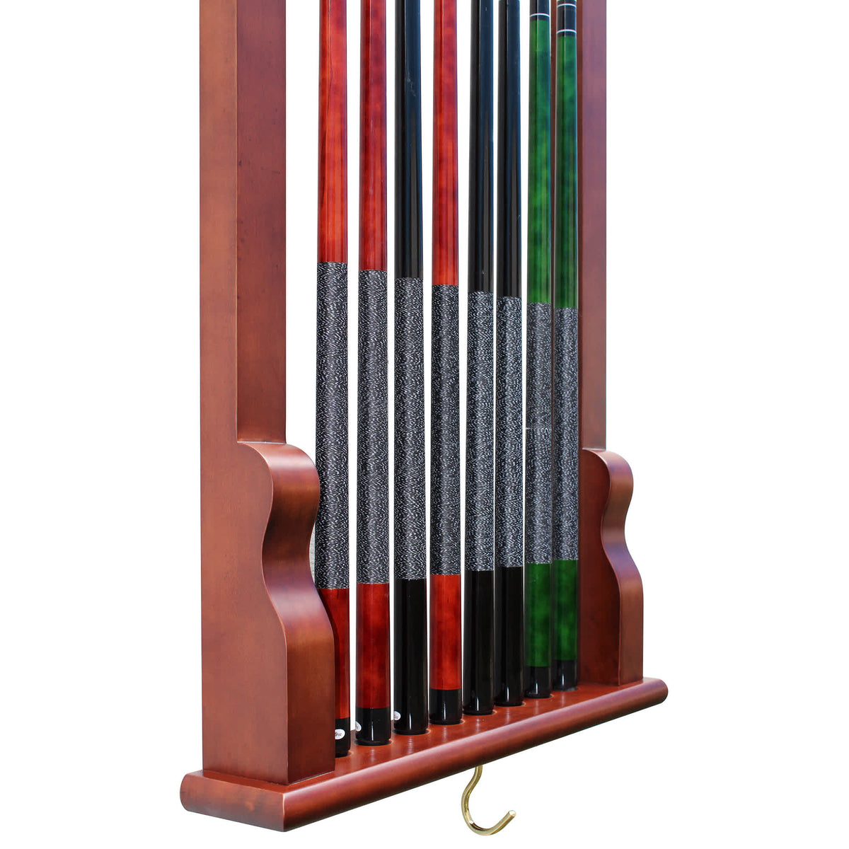 Hathaway Vintage Wall Cue Rack - close-up of the wrapped cue butts standing in the heel tray