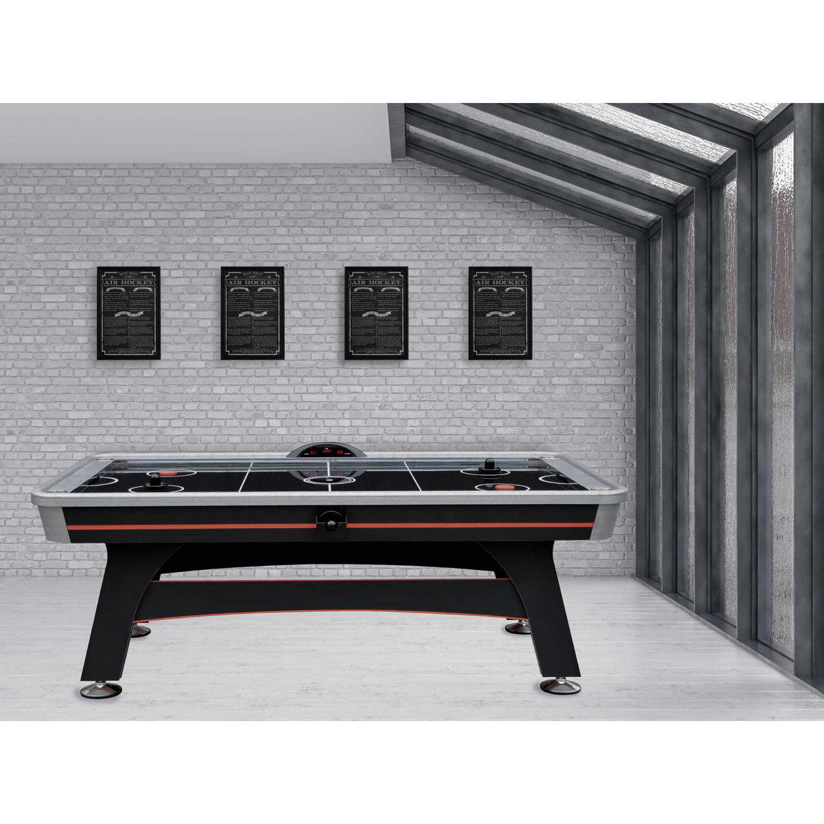 Hathaway Game Rules Wall Art - four framed rules prints hung above an air hockey table