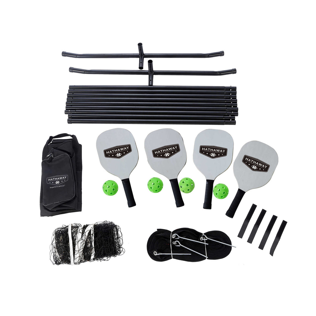 Hathaway Deluxe Pickleball Set - every component laid out: poles, paddles, balls, net and straps