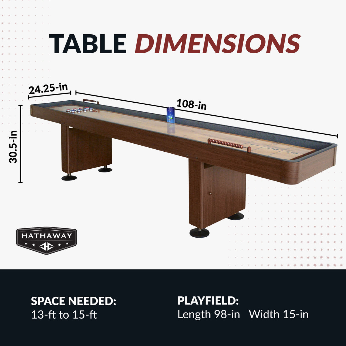 Hathaway Challenger Shuffleboard Table - Walnut Finish Game Room Table — dimension and specification diagram