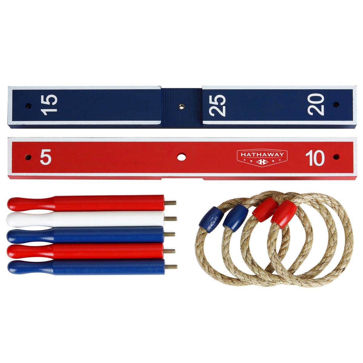Hathaway Ring Toss Game Set - both scoring rails, five dowels and four braided rope rings