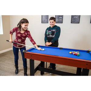 Hathaway Triad Multi-Game Table - two players at the blue pool bed in a games room