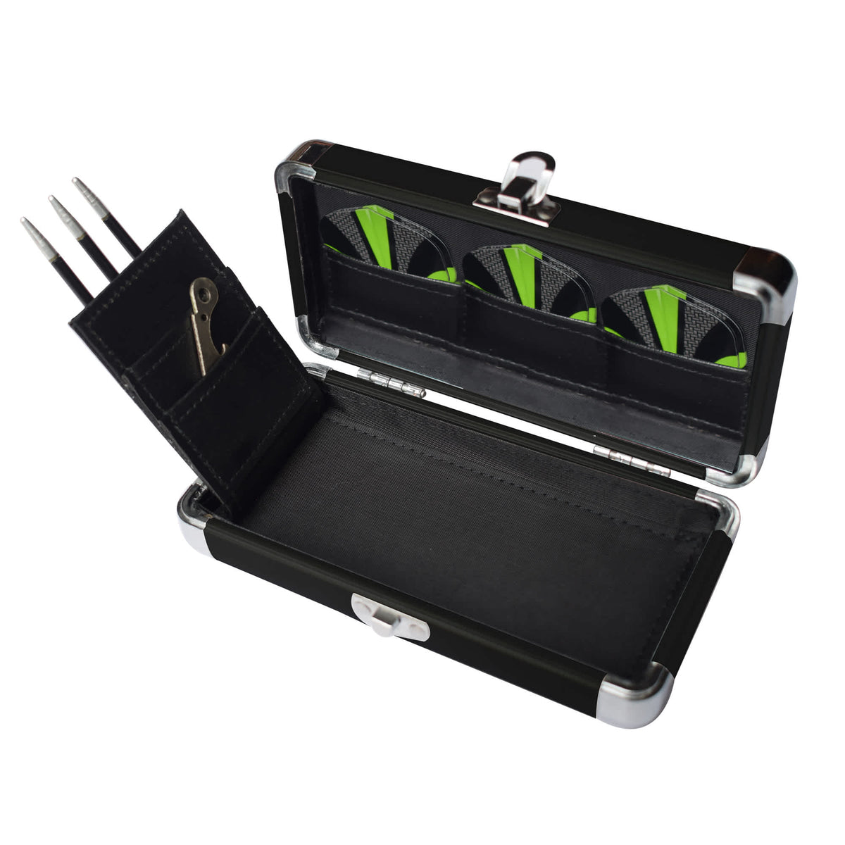 Hathaway Dublin Steel Tip Darts - hard case open showing spare flights and the shaft tool
