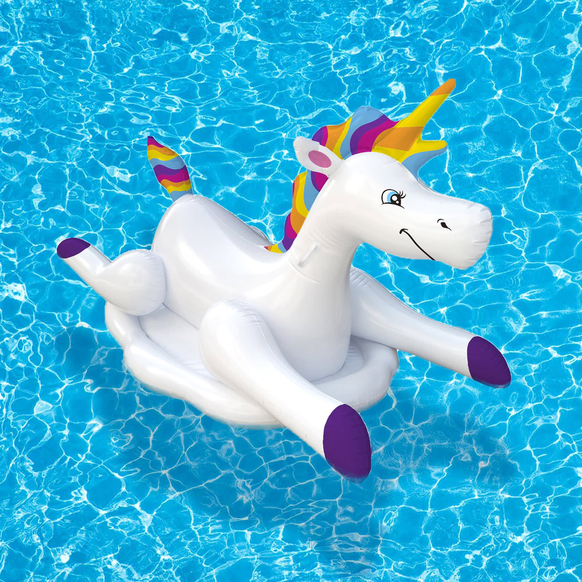 Blue Wave Cloud Rider Rainbow Unicorn Pool Float - float alone on the water showing mane, wings and tail