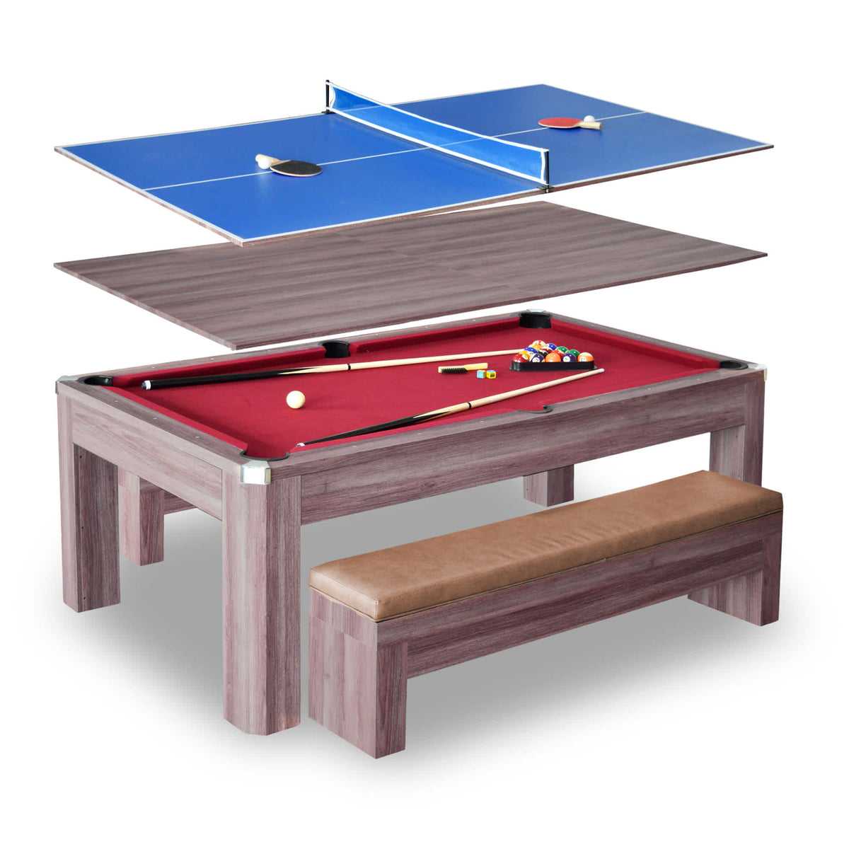 Hathaway Newport 7-ft Pool Table Combo Set with Benches - Light Oak with Red Felt Game Room Table